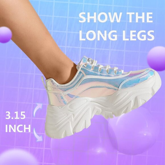 Brand New Women White Hologram Rubber LUCKY STEP Chunky Platform Sneakers - Picture 5 of 7